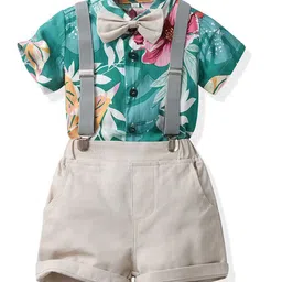 StyleCast x Revolte Boys Green Floral Printed Pure Cotton Shirt With Shorts & Suspenders-image-12