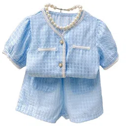 StyleCast x Revolte Girls Blue Self Design V-Neck Puffed Sleeves Top With Shorts-image-48