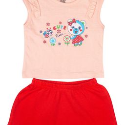 MeeMee Girls Peach-Coloured & Red Printed Pure Cotton Top with Shorts-picture-30