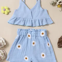 StyleCast Infants Girls Blue & White  Shoulder Straps Sleeveless Pure Cotton Top & Shorts-picture-5