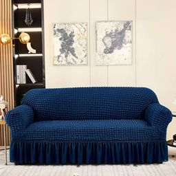 Cortina Navy Blue Stretchable 3-Seater Ruffle Sofa Cover With Skirt-image-19