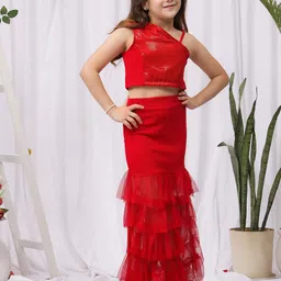 NEUDIS Girls Embellished One Shoulder Crop Top with Skirt-image-98