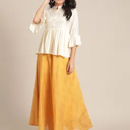 Varanga Women Cream-Coloured & Mustard Yellow Printed Silk Blend Top & Skirt Co-Ords Set-picture-5