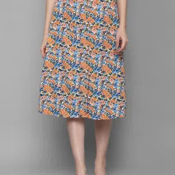 Allen Solly Woman Blue & Orange Printed A-Line Knee Length Skirts-30
