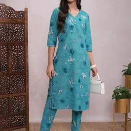 Vishudh Blue Floral Printed Regular Pure Cotton Kurta With Trousers-20
