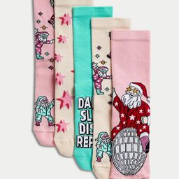 Marks & Spencer Girls Pack Of 5 Rich Disco Santa Printed Ankle-Length Cotton Socks-image-42
