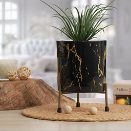 Homspurts Black & Gold Toned Printed Metal Planter With Stand-6