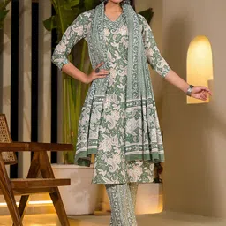 Yufta Paisley Printed Regular Sequinned Pure Cotton Kurta with Trousers & With Dupatta image 1