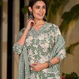 Yufta Paisley Printed Regular Sequinned Pure Cotton Kurta with Trousers & With Dupatta image 2