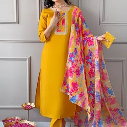 KALINI Ethnic Motifs Yoke Design Thread Work Straight Kurta with Trousers & With Dupatta image 5