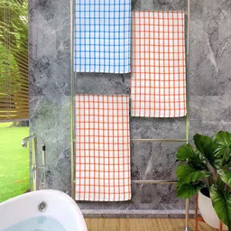 Athom Living Orange & Blue 3 Pieces Checked Cotton 150 GSM Bath Towel-29