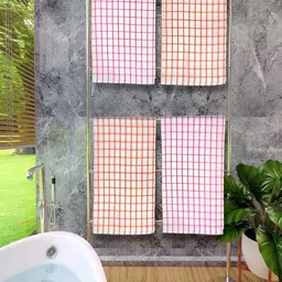 Athom Living Pink & Orange 4 Pieces Checked Cotton 150 GSM Bath Towels-23