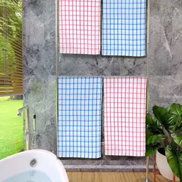 Athom Living Blue & Orange 4 Pieces Checked Cotton 150 GSM Bath Towels-53
