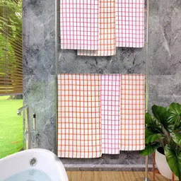 Athom Living Pink & Orange 6 Pieces Checked Cotton 150 GSM Bath Towels-48