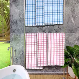 Athom Living Blue & Orange 6 Pieces Checked Cotton 150 GSM Bath Towels-50