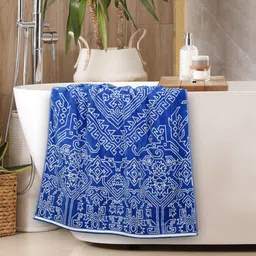MYTRIDENT White & Blue Geometric Printed Cotton 500 GSM Bath Towel-image-21