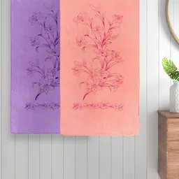FABINALIV Kids 2 Pcs Purple & Peach-Coloured Floral 300 GSM Cotton Bath Towels-13