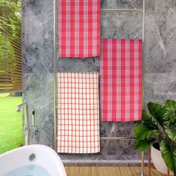 Athom Living Red & White 3 Pieces Checked Bath Towels-12