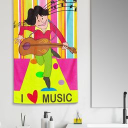 YK Kids Red & Yellow I Love Music Cartoon Printed 260 GSM Medium Cotton Bath Towels-picture-17