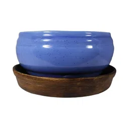 LASAKI Navy Blue & Brown Ceramic Planter with Tray-17