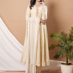 WEAVLLITE Floral Embroidered Thread Work Angrakha Kurta With Trousers & Dupatta-image-22