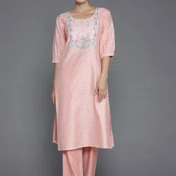 Libas Peach Floral Woven Design Gotta Patti Chanderi Silk Straight Kurta With Trouser-picture-35