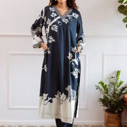 AUTUMN LANE Jagdeep Azure Floral Printed Regular Pure Cotton A-Line Kurta With Trousers-picture-40