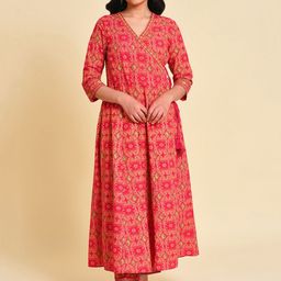 W Floral Printed V Neck Angrakha Pure Cotton Kurta With Trousers-image-3