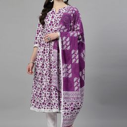 NEW STYLISH Floral Printed Flared Pleated Pure Cotton Anarkali Kurta Set-39