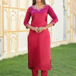 ELVISH JAIPUR Floral Embroidered V-Neck Straight Kurta with Trousers-image-10