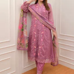 KALINI Floral Embroidered Thread Work Mandarin Collar Kurta With Trousers & Dupatta-37