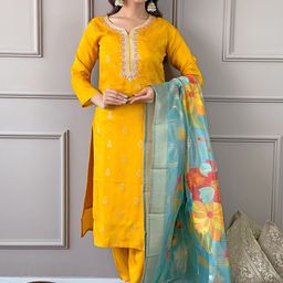 KALINI Floral Embroidered Notched Neck Thread Work Straight Kurta with Trousers & Dupatta-image-8