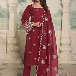 Inddus Floral Embroidered Thread Work Straight Kurta With Trousers & Dupatta-23