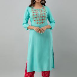 KIMAYRA Women Sea Green Floral Embroidered Panelled Kurti with Trousers-picture-29
