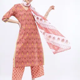 Vishudh Women Rust Ethnic Motifs Printed Pure Cotton Kurta with Trousers & With Dupatta-picture-20