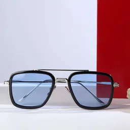 Mast & Harbour Men Blue Lens & Silver-Toned Square Sunglasses With UV Protected Lens-image-36