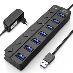 FKU USB Hub 3.0 5Gbps High Speed 7 Port USB 3.0 Hub Splitter On/Off Switch for Laptop Pc with EU Plug image 1