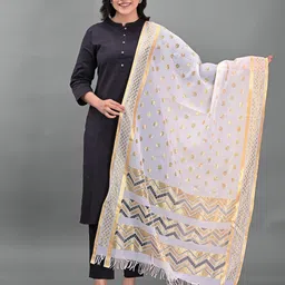 Apratim White & Gold-Toned Woven Design Dupatta with Zari-11