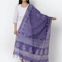 LOOM LEGACY Purple & White Woven Design Cotton Silk Dupatta with Zari-image-31