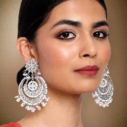 Peora White Oxidised Silver-Plated Kundan-Studded Beaded Chandbalis-image-6
