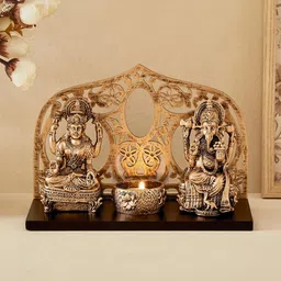 Home Centre Renaissance Gold-Toned Polyresin Lakshmi Ganesha with T-Light Holder Showpiece-32
