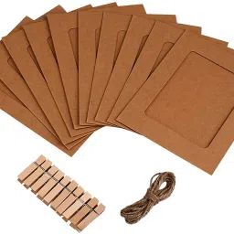 10 pcs Hanging Photo Frame with Wooden Clips and Rope(Brown) 11 inch Wood-17