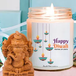 Aromatic Fables White & Brown Lily Scented Glass Jar Candle With Ganesha Idol-400g-image-20