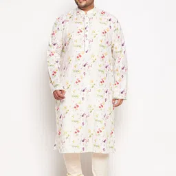 VASTRAMAY Men Cream-Coloured Floral Printed Kurta with Churidar-25