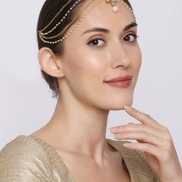 OOMPH Gold-Toned & White Kundan Studded & Pearl Beaded Matha Patti-14