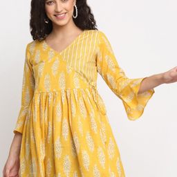 KALINI Yellow & White Floral Printed Empire Longline Top-image-27