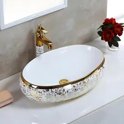 Premium Designer Table Top Counter Top Golden Wash Basin Gold Ceramic Wash Basin G-2203(L61 X W43 X H14Cm) Very Stylish Bathroom Golden Ceramic Wash Basin Table Top Basin-image-58