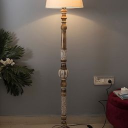Homesake Beige Solid Handcrafted Royal Carving Wooden Club Lamp-19