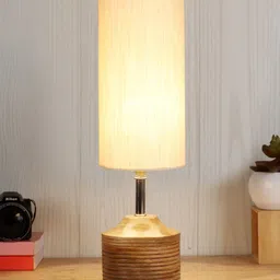 Devansh Off White & Brown Wood Table Lamp With Cotton Shade-9