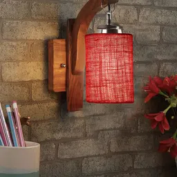 Devansh Red & Brown Wooden Cylinder Shaped Wall Lamp-18